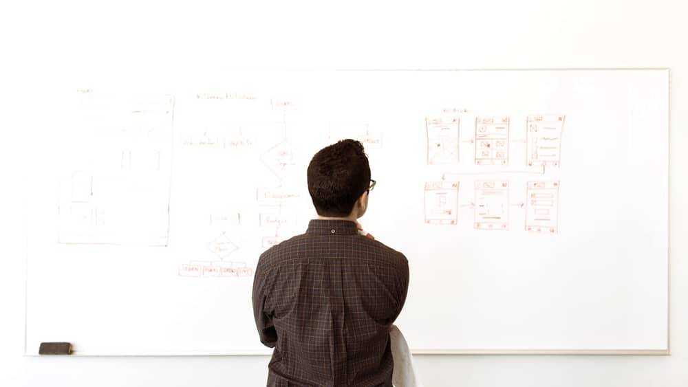 Person planning concepts at a whiteboard in a modern office